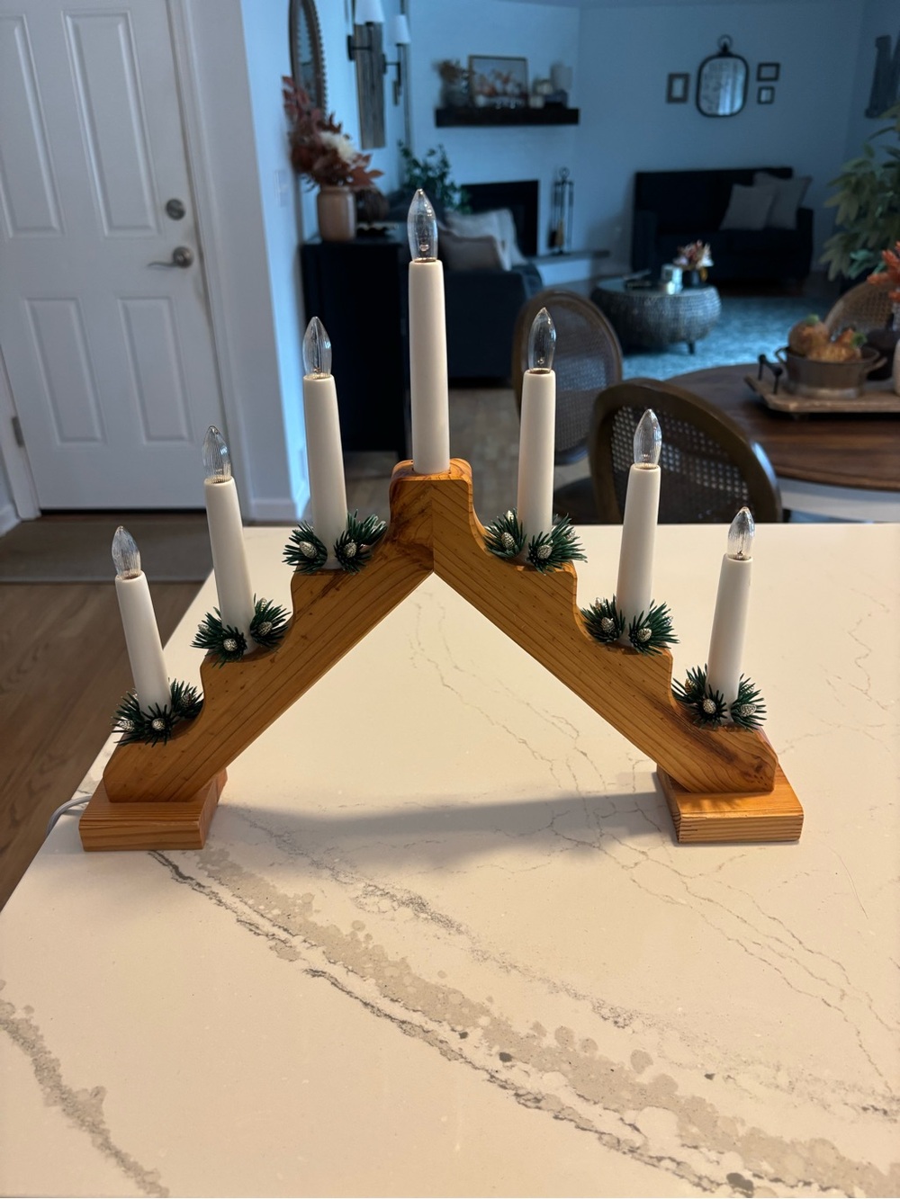 Vintage Wooden 7-Arm Electric Advent Candle Bridge in Natural Brown.